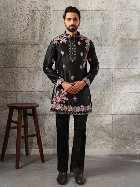 Artistic Black Men's Embroidered Kurta Pant Set in Japanese Fabric for Festive Wear Mens Short Kurta