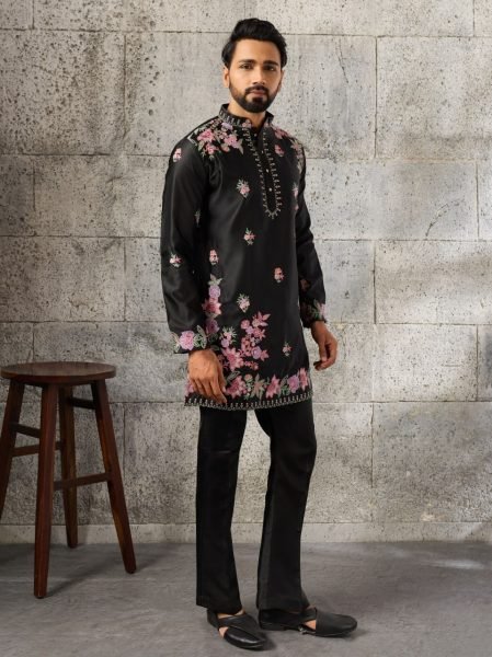 Artistic Black Men's Embroidered Kurta Pant Set in Japanese Fabric for Festive Wear Mens Short Kurta