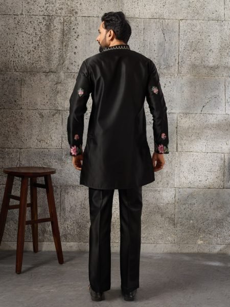 Artistic Black Men's Embroidered Kurta Pant Set in Japanese Fabric for Festive Wear Mens Short Kurta