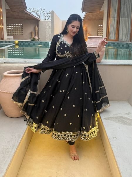 Artistic Black Party Wear Vichitra Silk Anarkali with Tebby Organza Dupatta at Manufacturer  