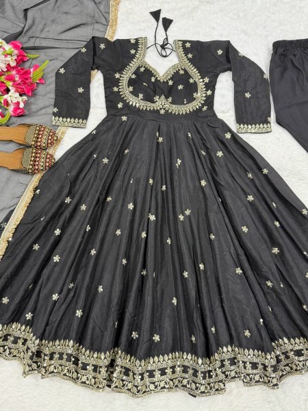 Artistic Black Party Wear Vichitra Silk Anarkali with Tebby Organza Dupatta at Manufacturer  Ready To Wear Collection
