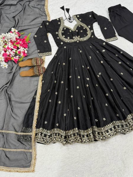 Artistic Black Party Wear Vichitra Silk Anarkali with Tebby Organza Dupatta at Manufacturer  Ready To Wear Collection