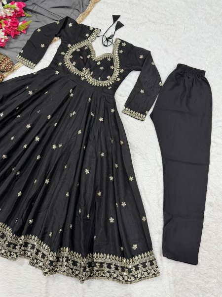 Artistic Black Party Wear Vichitra Silk Anarkali with Tebby Organza Dupatta at Manufacturer  Ready To Wear Collection
