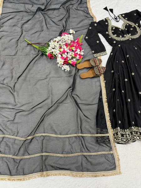 Artistic Black Party Wear Vichitra Silk Anarkali with Tebby Organza Dupatta at Manufacturer  Ready To Wear Collection