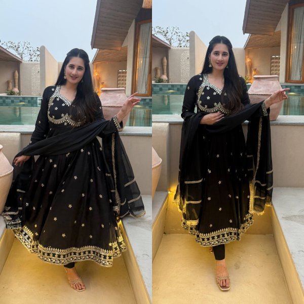 Artistic Black Party Wear Vichitra Silk Anarkali with Tebby Organza Dupatta at Manufacturer  Ready To Wear Collection
