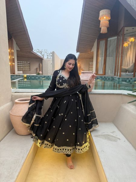 Artistic Black Party Wear Vichitra Silk Anarkali with Tebby Organza Dupatta at Manufacturer  Ready To Wear Collection
