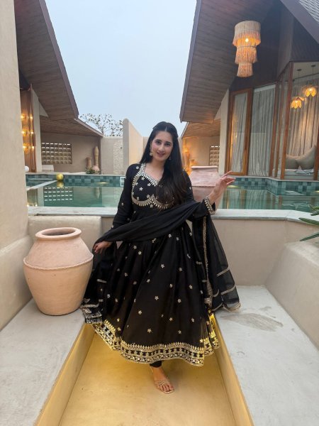 Artistic Black Party Wear Vichitra Silk Anarkali with Tebby Organza Dupatta at Manufacturer  Ready To Wear Collection