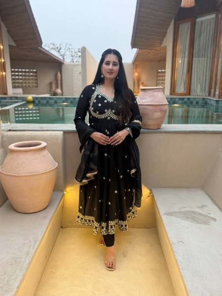 Artistic Black Party Wear Vichitra Silk Anarkali with Tebby Organza Dupatta at Manufacturer  Ready To Wear Collection