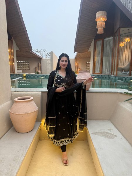 Artistic Black Party Wear Vichitra Silk Anarkali with Tebby Organza Dupatta at Manufacturer  Ready To Wear Collection