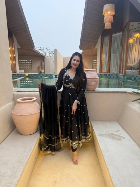 Artistic Black Party Wear Vichitra Silk Anarkali with Tebby Organza Dupatta at Manufacturer  Ready To Wear Collection