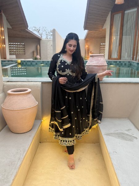 Artistic Black Party Wear Vichitra Silk Anarkali with Tebby Organza Dupatta at Manufacturer  Ready To Wear Collection