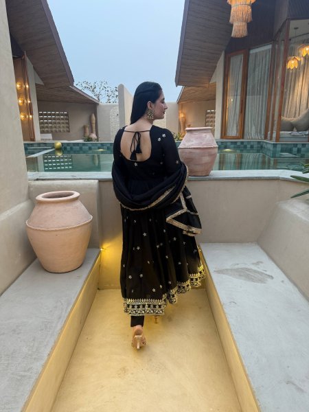 Artistic Black Party Wear Vichitra Silk Anarkali with Tebby Organza Dupatta at Manufacturer  Ready To Wear Collection