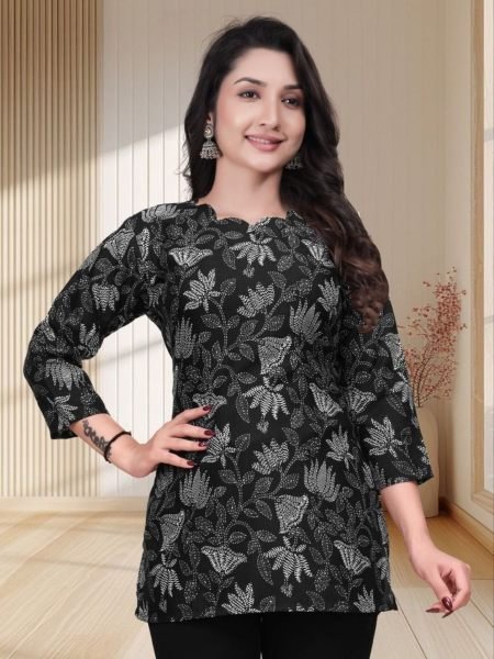 Artistic Black Premium Casual Wear Cotton Digital Printed Top for Women Kurtis