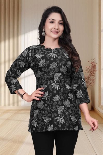 Artistic Black Premium Casual Wear Cotton Digital Printed Top for Women Tunics kurti