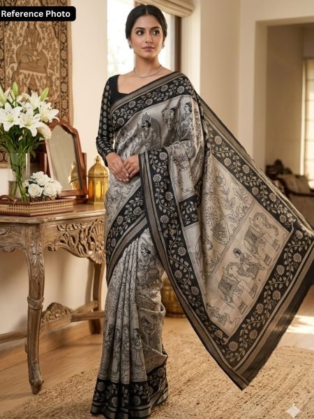 Artistic Black Silk Cotton Kalamkari Saree for Festive and Office Wear Sarees 