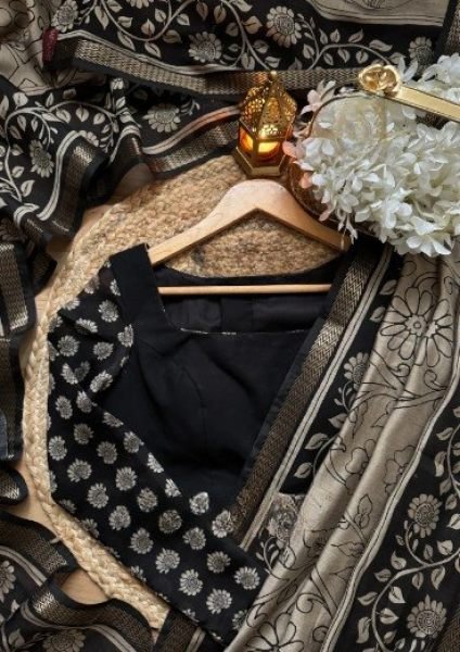 Artistic Black Silk Cotton Kalamkari Saree for Festive and Office Wear Silk Sarees Wholesale