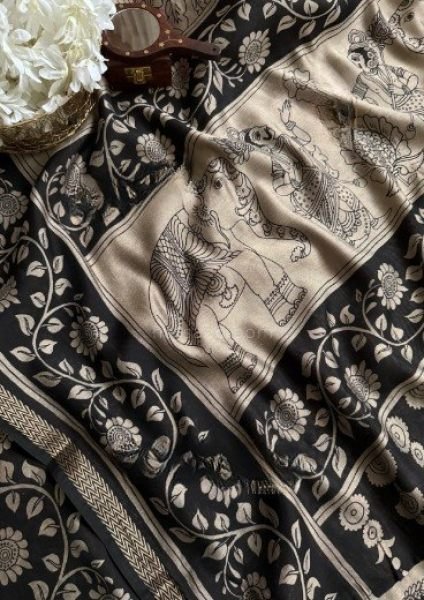Artistic Black Silk Cotton Kalamkari Saree for Festive and Office Wear Silk Sarees Wholesale