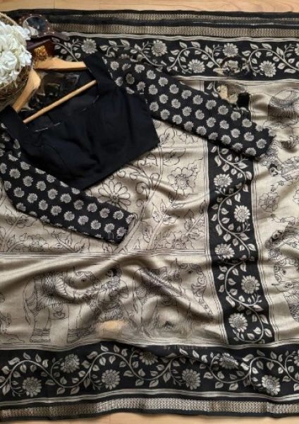 Artistic Black Silk Cotton Kalamkari Saree for Festive and Office Wear Silk Sarees Wholesale