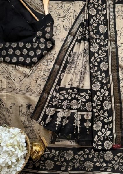 Artistic Black Silk Cotton Kalamkari Saree for Festive and Office Wear Silk Sarees Wholesale