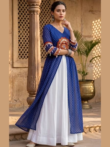Artistic Blue Navratri Rayon Lehenga Kurti Set with Bandhani and Leheriya Print