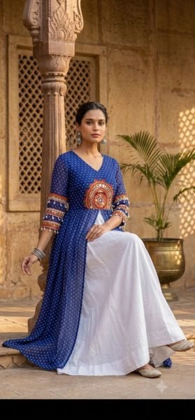 Artistic Blue Navratri Rayon Lehenga Kurti Set with Bandhani and Leheriya Print Navratri Lehnega Choli