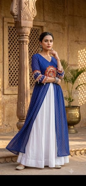 Artistic Blue Navratri Rayon Lehenga Kurti Set with Bandhani and Leheriya Print Navratri Lehnega Choli