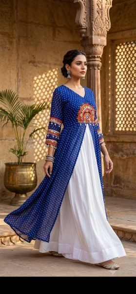 Artistic Blue Navratri Rayon Lehenga Kurti Set with Bandhani and Leheriya Print Navratri Lehnega Choli