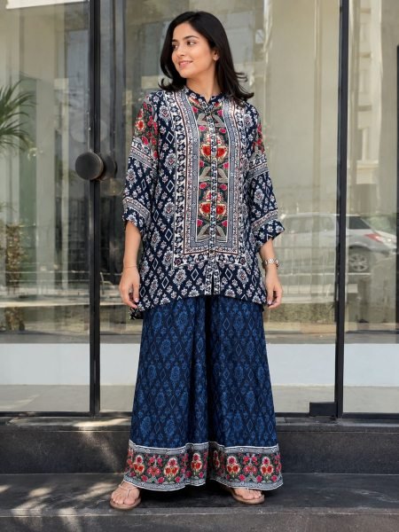 Artistic Blue Pure Natural Crepe Co Ord Set with Designer Top and Palazzo CO ORD Sets