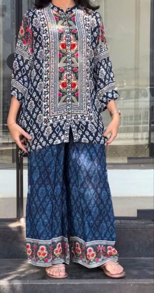 Artistic Blue Pure Natural Crepe Co Ord Set with Designer Top and Palazzo CO ORD Sets