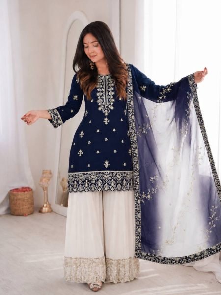Artistic Blue Ready to Wear Natural Silk Top Palazzo with Kundan Organza Dupatta For Diwali Festival Ready To Wear Suit