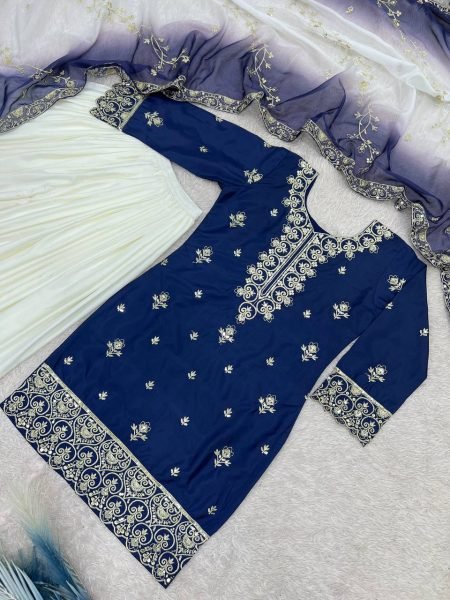 Artistic Blue Ready to Wear Natural Silk Top Palazzo with Kundan Organza Dupatta For Diwali Festival Ready To Wear Collection