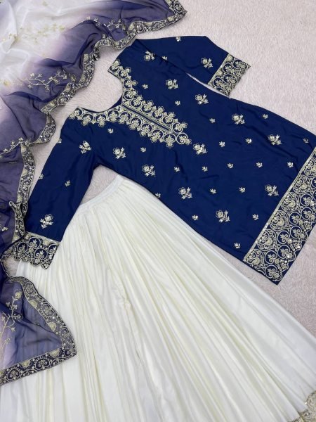 Artistic Blue Ready to Wear Natural Silk Top Palazzo with Kundan Organza Dupatta For Diwali Festival Ready To Wear Collection