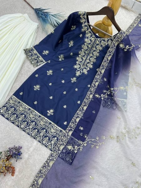 Artistic Blue Ready to Wear Natural Silk Top Palazzo with Kundan Organza Dupatta For Diwali Festival Ready To Wear Collection