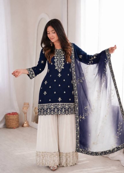 Artistic Blue Ready to Wear Natural Silk Top Palazzo with Kundan Organza Dupatta For Diwali Festival Ready To Wear Collection