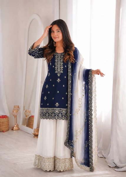 Artistic Blue Ready to Wear Natural Silk Top Palazzo with Kundan Organza Dupatta For Diwali Festival Ready To Wear Collection