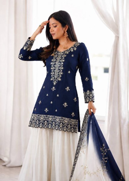 Artistic Blue Ready to Wear Natural Silk Top Palazzo with Kundan Organza Dupatta For Diwali Festival Ready To Wear Collection