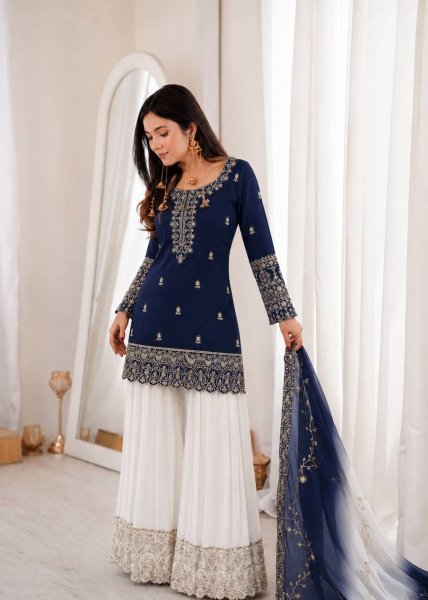 Artistic Blue Ready to Wear Natural Silk Top Palazzo with Kundan Organza Dupatta For Diwali Festival Ready To Wear Collection
