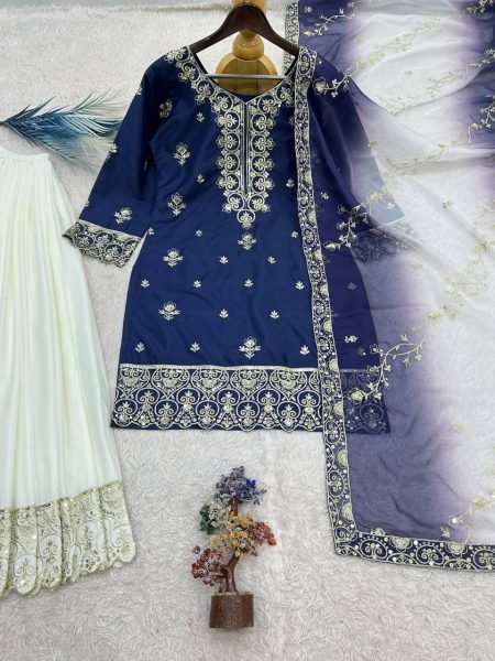Artistic Blue Ready to Wear Natural Silk Top Palazzo with Kundan Organza Dupatta For Diwali Festival Ready To Wear Collection