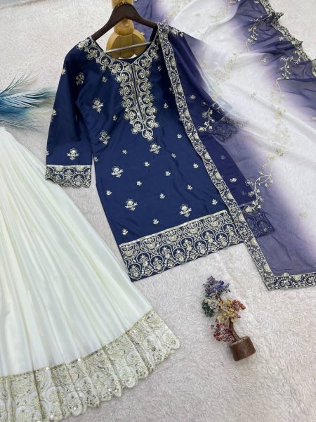 Artistic Blue Ready to Wear Natural Silk Top Palazzo with Kundan Organza Dupatta For Diwali Festival Ready To Wear Collection