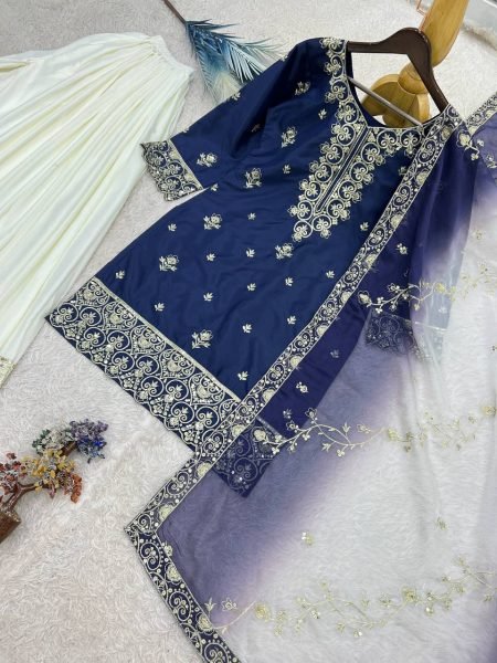 Artistic Blue Ready to Wear Natural Silk Top Palazzo with Kundan Organza Dupatta For Diwali Festival Ready To Wear Collection