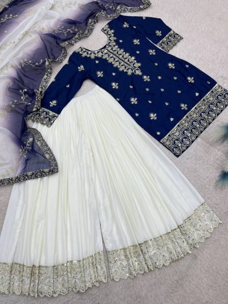 Artistic Blue Ready to Wear Natural Silk Top Palazzo with Kundan Organza Dupatta For Diwali Festival Ready To Wear Collection