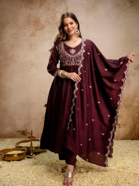 Artistic Brown Designer Heavy Vichitra Silk Three Piece Suit with Sequins Coding Embroidery 