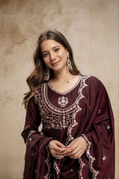 Artistic Brown Designer Heavy Vichitra Silk Three Piece Suit with Sequins Coding Embroidery Embroidery Kurtis 