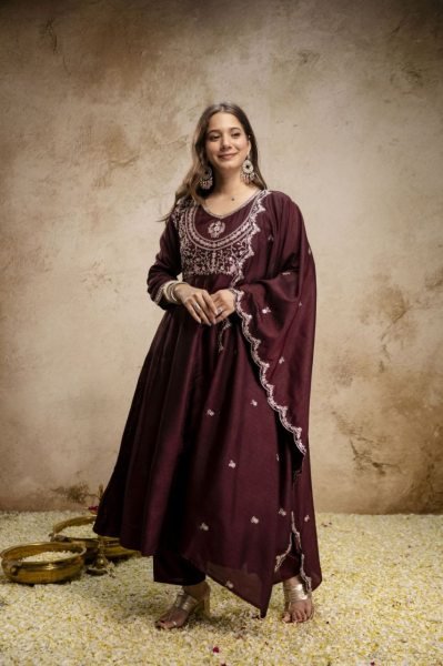 Artistic Brown Designer Heavy Vichitra Silk Three Piece Suit with Sequins Coding Embroidery Embroidery Kurtis 