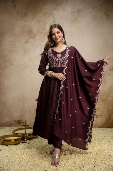 Artistic Brown Designer Heavy Vichitra Silk Three Piece Suit with Sequins Coding Embroidery Embroidery Kurtis 