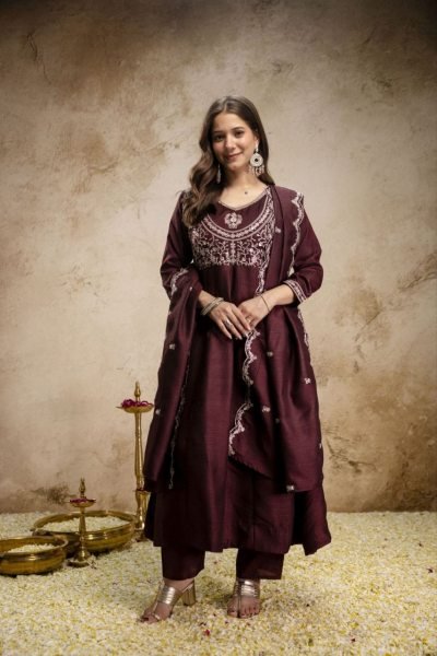 Artistic Brown Designer Heavy Vichitra Silk Three Piece Suit with Sequins Coding Embroidery Embroidery Kurtis 
