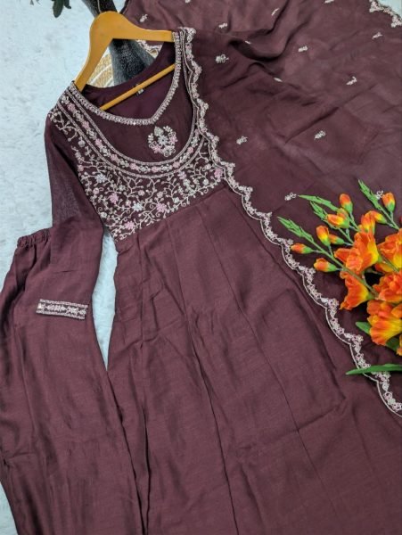 Artistic Brown Designer Heavy Vichitra Silk Three Piece Suit with Sequins Coding Embroidery Embroidery Kurtis 