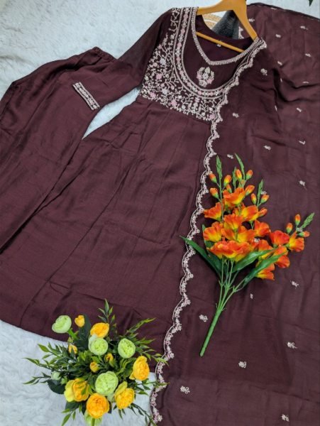 Artistic Brown Designer Heavy Vichitra Silk Three Piece Suit with Sequins Coding Embroidery Embroidery Kurtis 