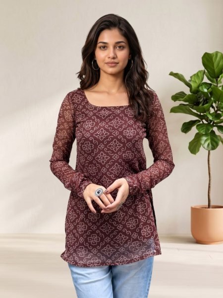 Artistic Brown Navratri Bandhani Digital Print Short Kurti with Elegant Back Design