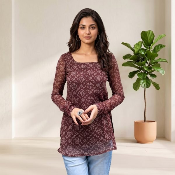 Artistic Brown Navratri Bandhani Digital Print Short Kurti with Elegant Back Design Full Set Kurti